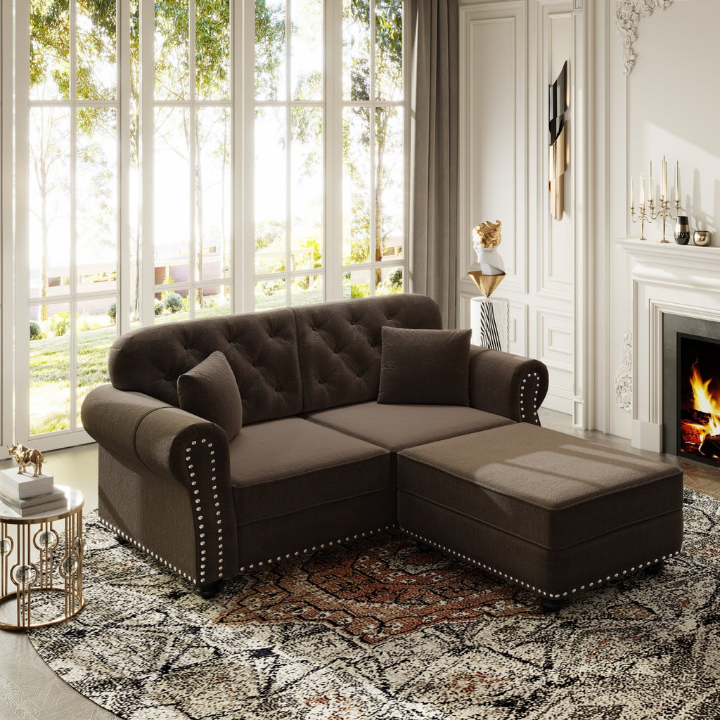 63'Upholstered Velvet Sofa with Nailhead Trim and Rolled Armrests,Mid-Century Modern Chesterfield Sofa with Button Tufted,Includes 2 Pillows,Beige/White