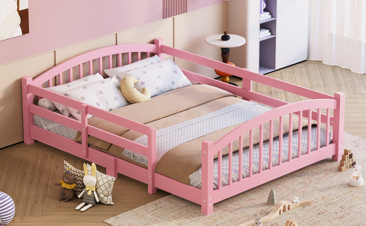 Full Montessori Floor Bed with Slats and Safety Guardrails, Solid Wood Floor Bed with Fence and Without Door, Easy Assemble Montessori Bed for Girls and Boys, Gray