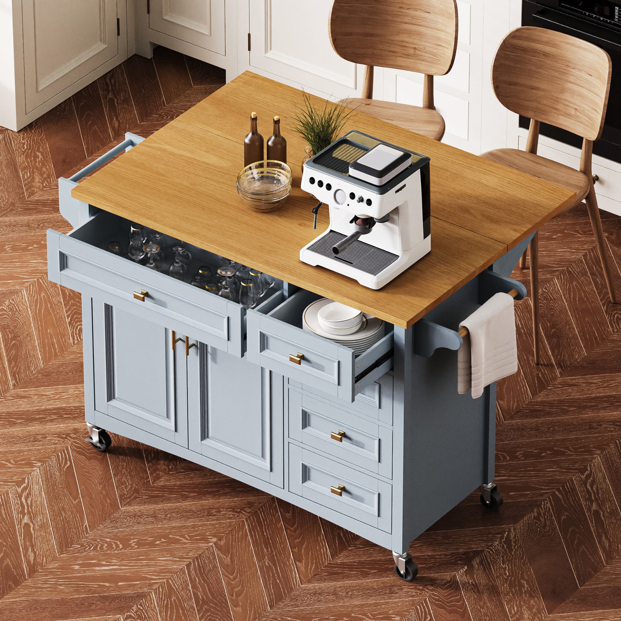 K&K 52'' Kitchen Island with Drop Leaf, Embossed Texture Kitchen Island on Wheels with Spice Rack, Towel Rack, 2 Doors and 5 Drawers, Kitchen Storage Cart with Adjustable Shelf for Kitchen, Blue Grey