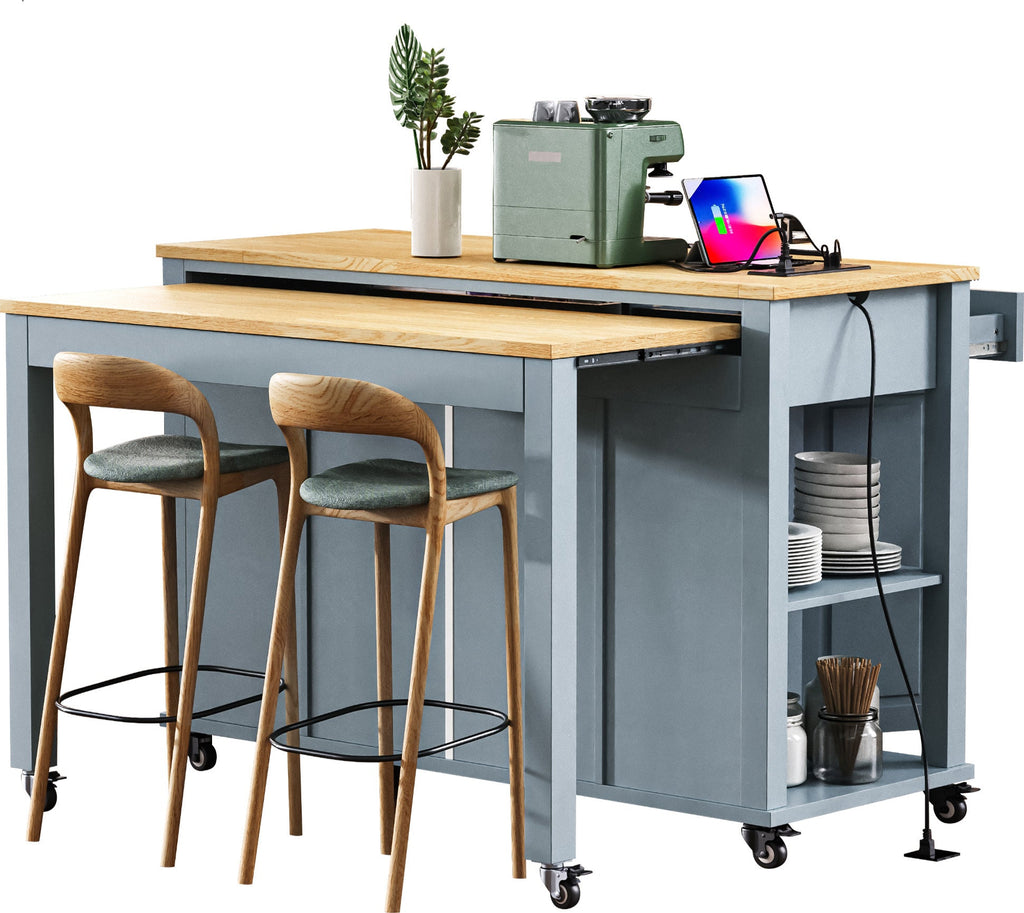 K&K 47 inch Kitchen Island with Extendable Dining Table, Rubber Wood Veneer Kitchen Table with Internal Storage Rack, Power Outlet, Kitchen island with Storage 2 Drawers 2 Cabinet, Black