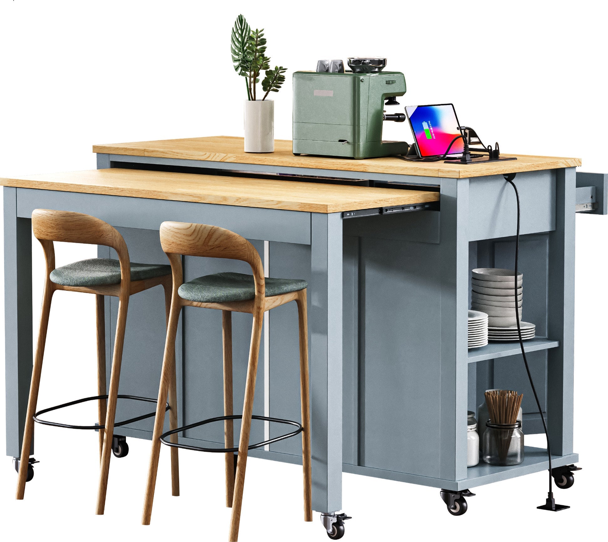 K&K 47 inch Kitchen Island with Extendable Dining Table, Rubber Wood Veneer Kitchen Table with Internal Storage Rack, Power Outlet, Kitchen island with Storage 2 Drawers 2 Cabinet, Black