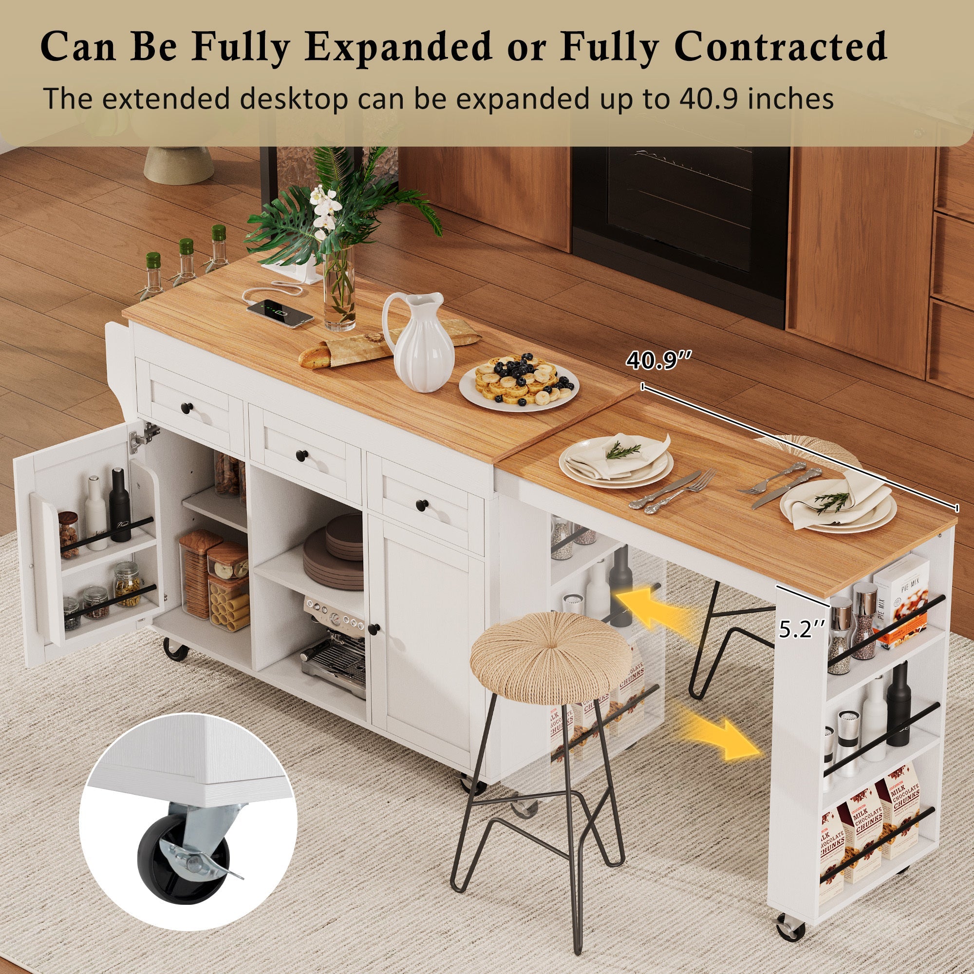K&K 85.5' Kitchen Island with Extendable Dining Table, Kitchen Storage Table with 3 Side Open Shelves, Rolling Kitchen Island with Power Outlet, 3 Drawers, 2 Doors, for Kitchen, Dining Room, Black