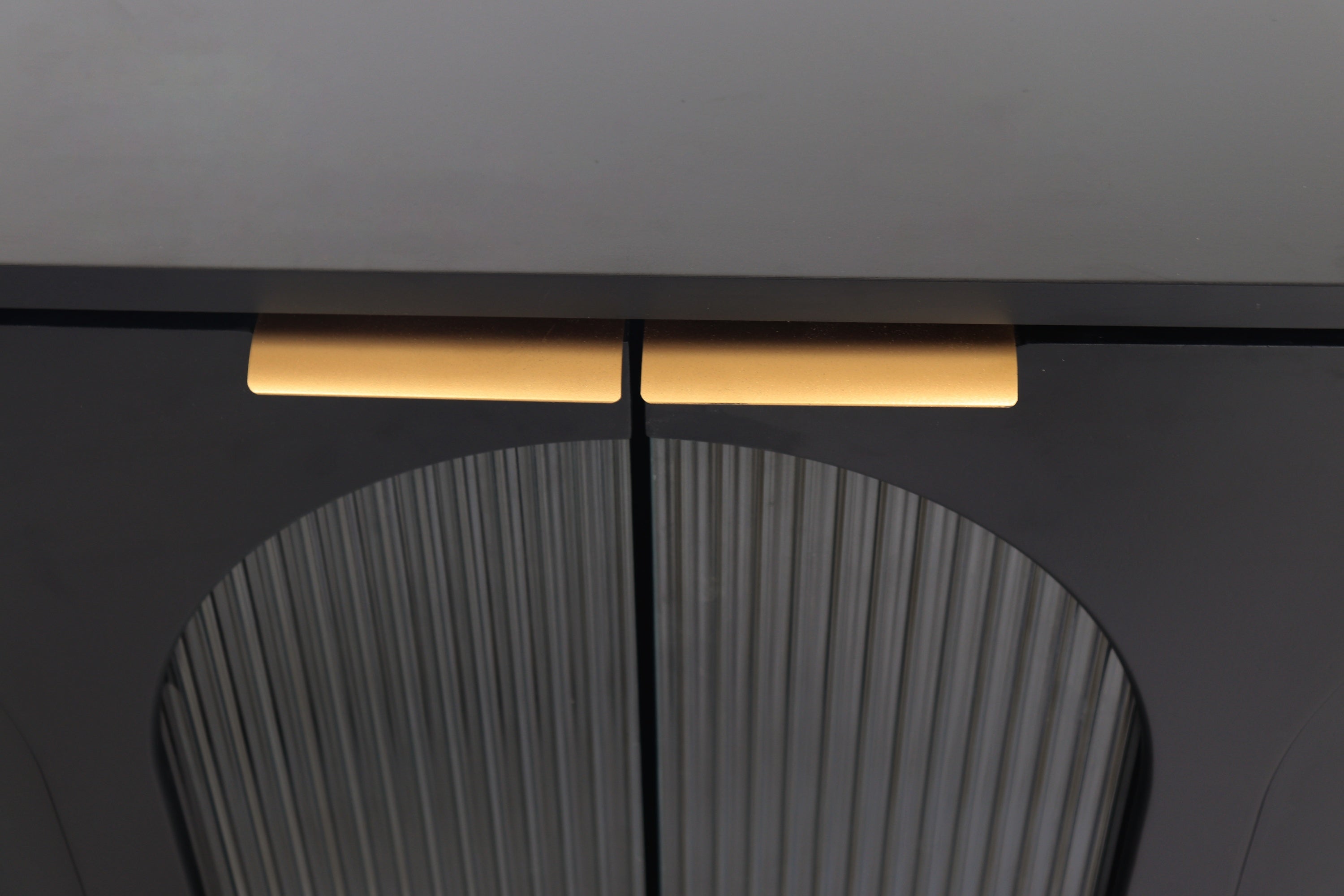 Black sideboard cabinet open door two-tier storage detail