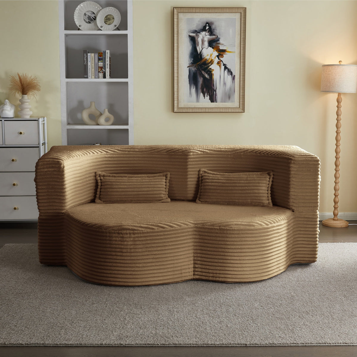 Modern Floor Sofa with 2 Pillows, Convertible Plush Corduroy Foam-Filled Sleeper Sofa Bed,15 ' Full Size Folding Mattress for Living Room, Guest Bed, no assembly required, Light Grey