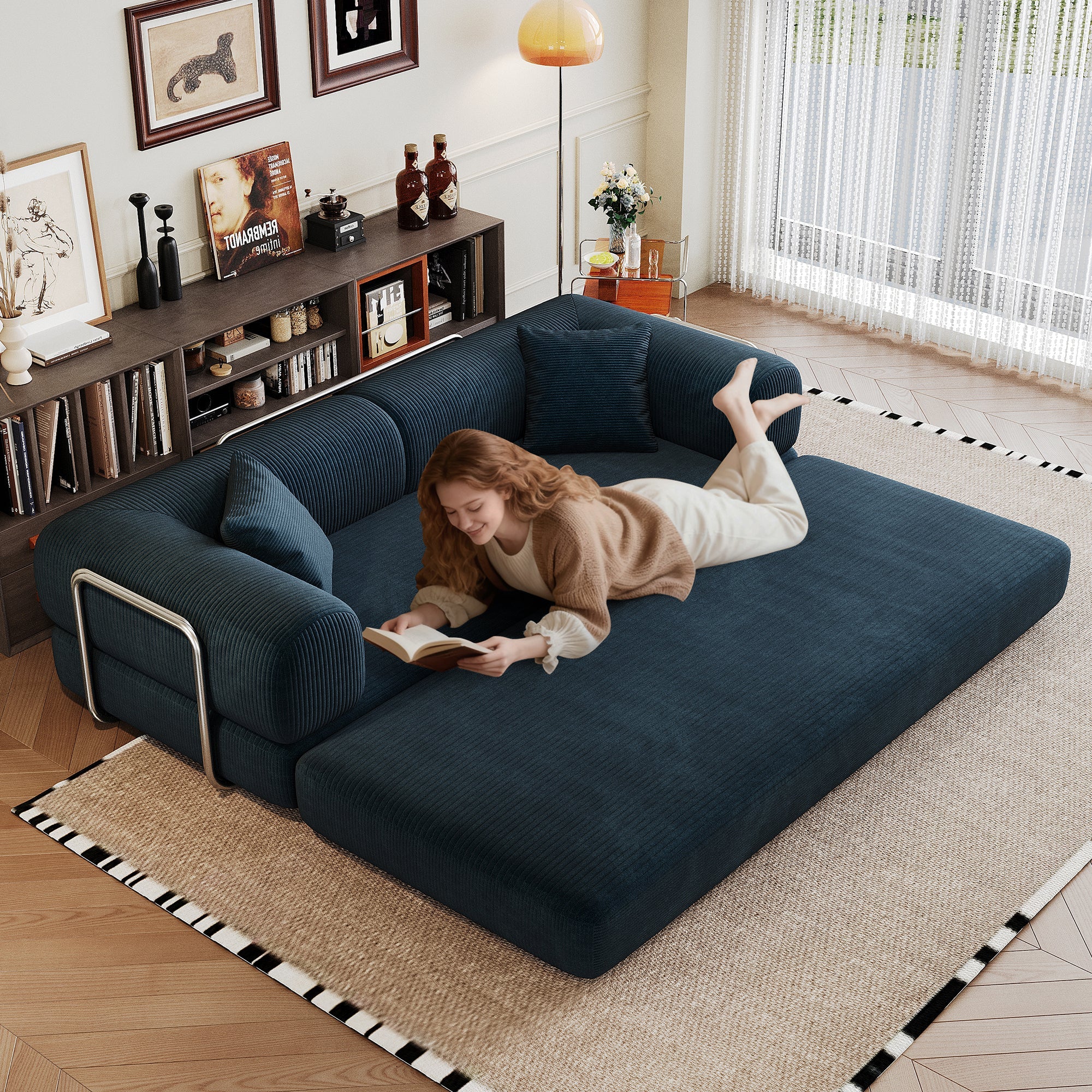 Corduroy Compression Convertible Floor Sofa Bed — Modular Loveseat, 78.8" Wide