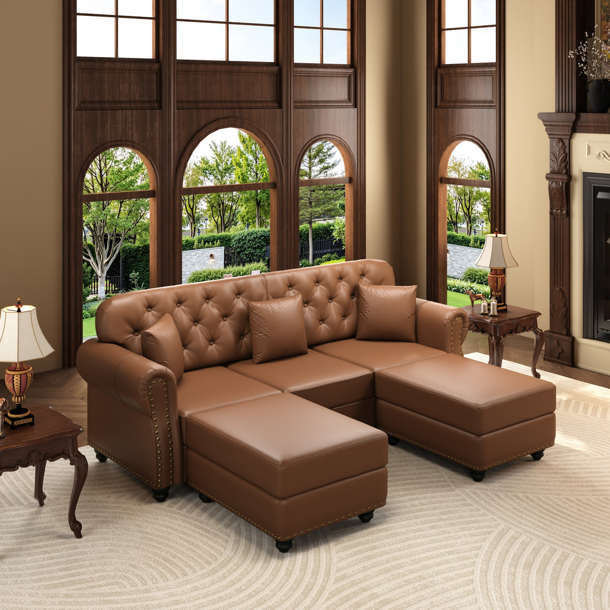 82.6'Upholstered Faux Leather Sofa with Nailhead Trim and Rolled Armrests,Mid-Century Modern Chesterfield Sofa with Button Tufted,Includes 3 Pillows,Black