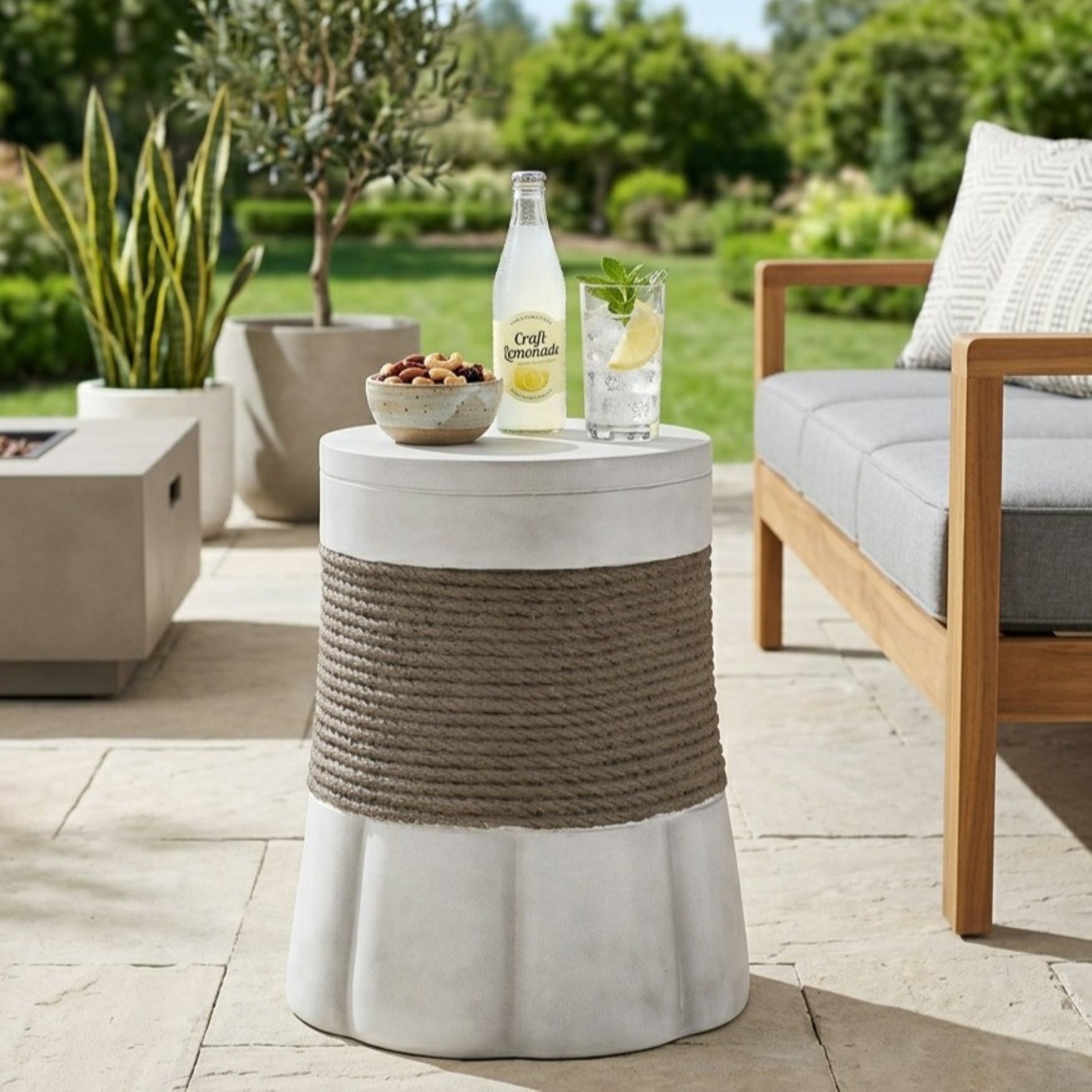Outdoor Light Gray & Brown Retro Woven Rope & Fan-Base MGO Side Table – End Table for Home, Office, Living Room & Outdoor