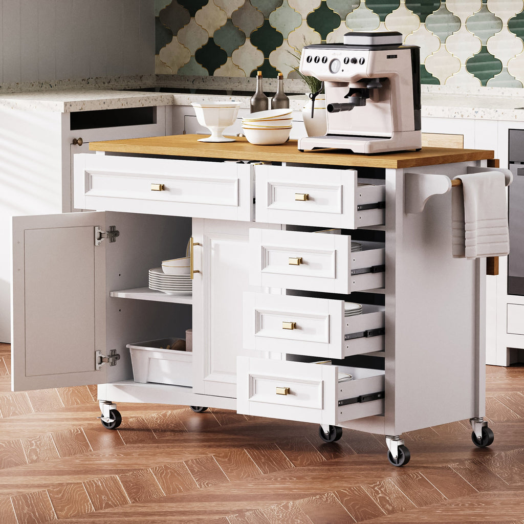 K&K 52'' Kitchen Island with Drop Leaf, Embossed Texture Kitchen Island on Wheels with Spice Rack, Towel Rack, 2 Doors and 5 Drawers, Kitchen Storage Cart with Adjustable Shelf for Kitchen, Blue Grey