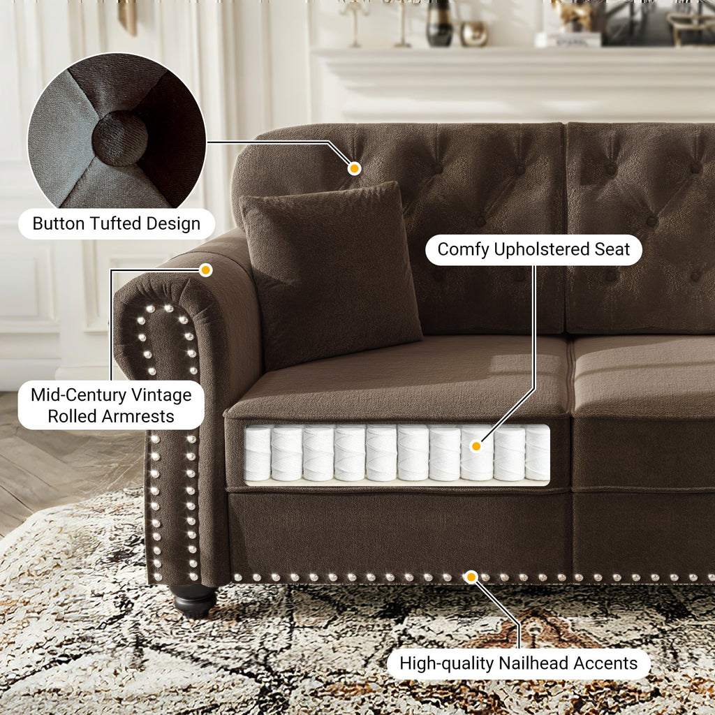 63'Upholstered Velvet Sofa with Nailhead Trim and Rolled Armrests,Mid-Century Modern Chesterfield Sofa with Button Tufted,Includes 2 Pillows,Beige/White