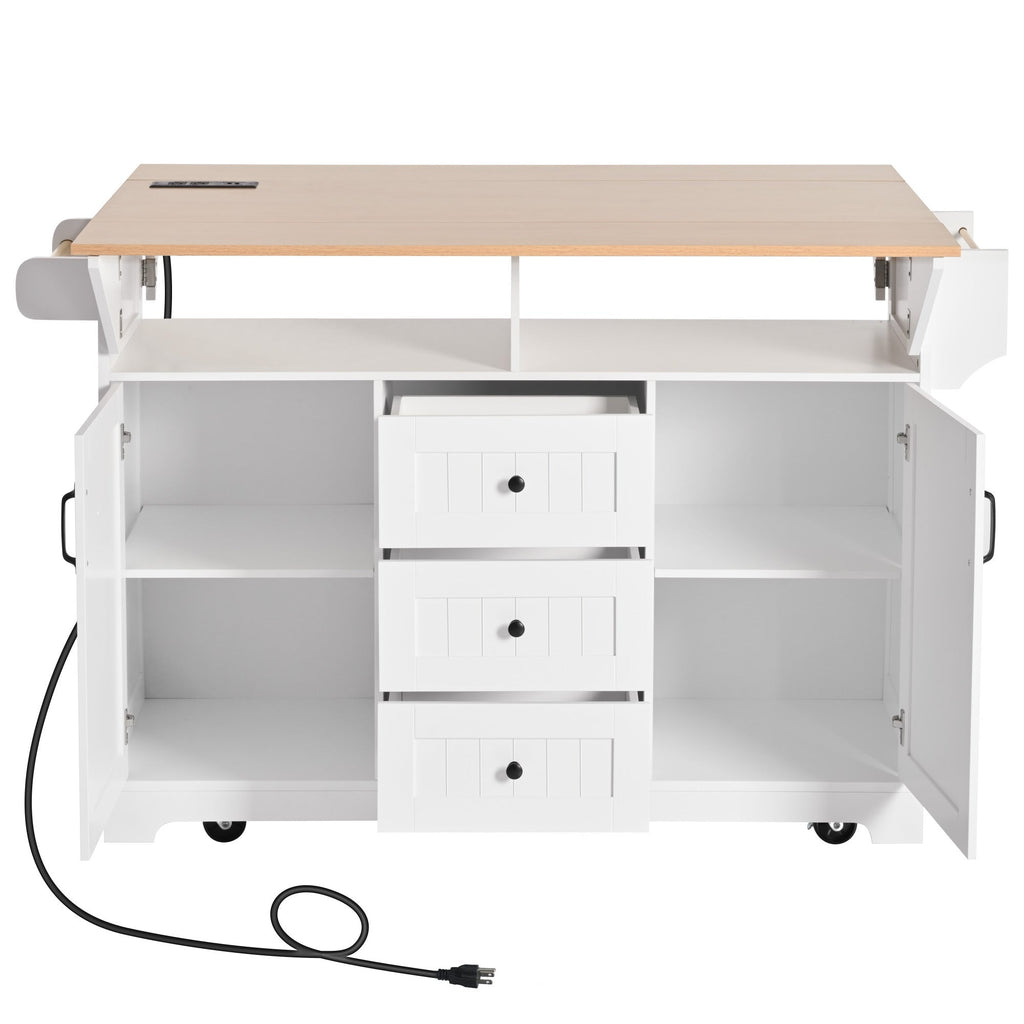 K&K 55.7'' Large Kitchen Island with 2 Drop Leaf,, Rolling Kitchen Cart on 5 Wheels with Power Outlet, Folding Storage Dining Table with Spice & Towel Rack , 3 Drawers, for Kitchen, Dining Room,Black