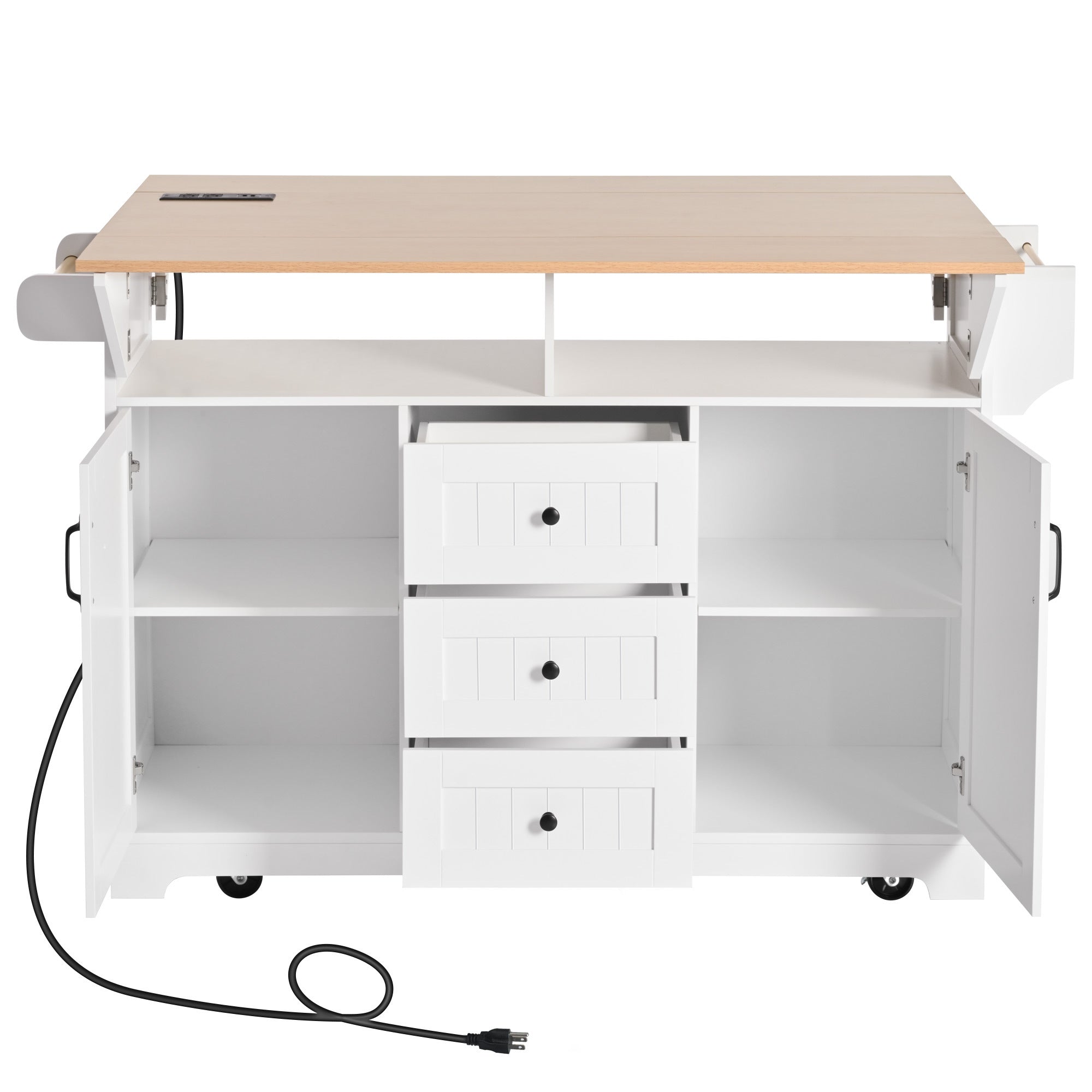 K&K 55.7'' Large Kitchen Island with 2 Drop Leaf,, Rolling Kitchen Cart on 5 Wheels with Power Outlet, Folding Storage Dining Table with Spice & Towel Rack , 3 Drawers, for Kitchen, Dining Room,Black