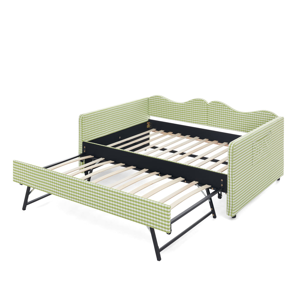 Full‑Size Daybed,Gingham Upholstered Daybed Equipped with Pull-Out Trundle Bed Frame & Side Storage Pocket, Solid Wood Frame Multi-Functional Sofa Bed for Kids Room & Guest Bedroom-PINK