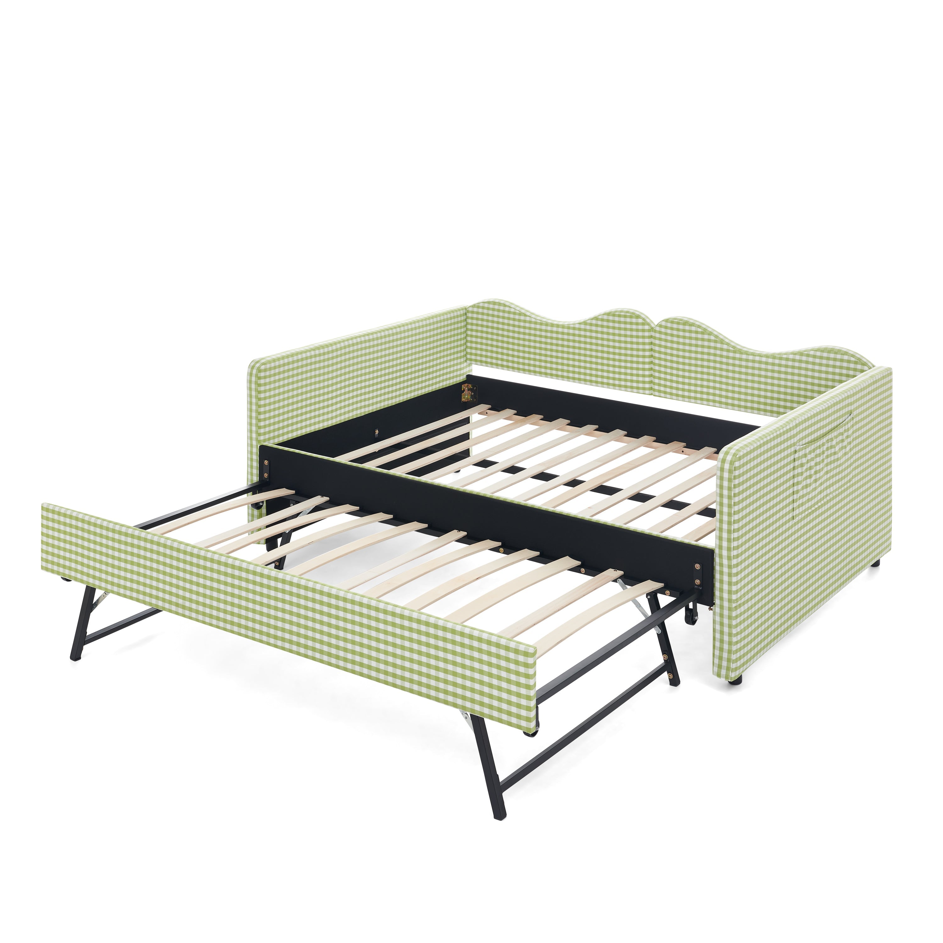 Full‑Size Daybed,Gingham Upholstered Daybed Equipped with Pull-Out Trundle Bed Frame & Side Storage Pocket, Solid Wood Frame Multi-Functional Sofa Bed for Kids Room & Guest Bedroom-PINK