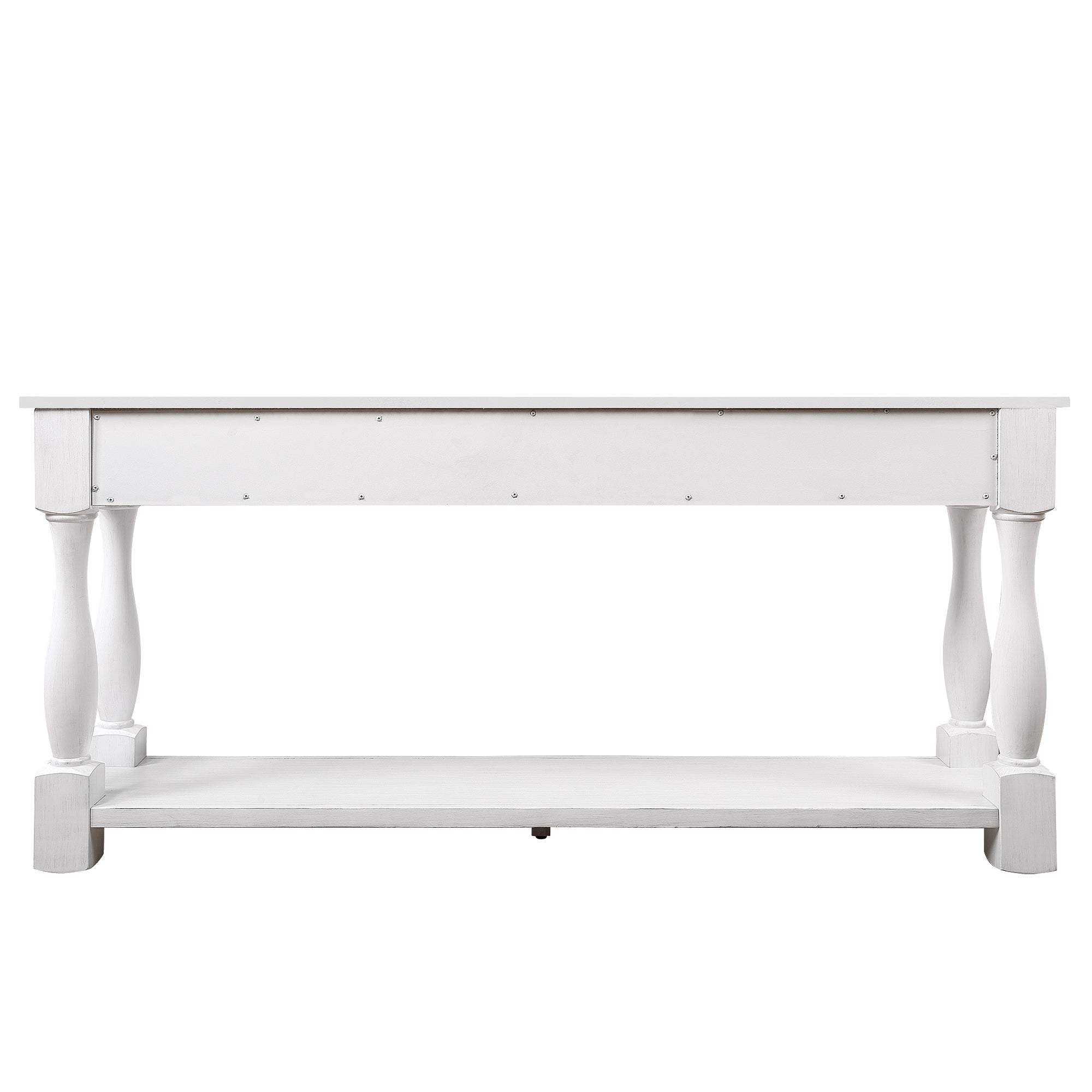 Console table three drawers and lower shelf storage detail