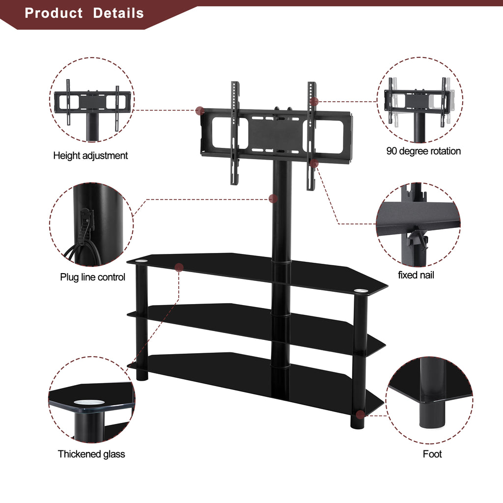 Black metal frame TV stand with tempered glass shelves close-up