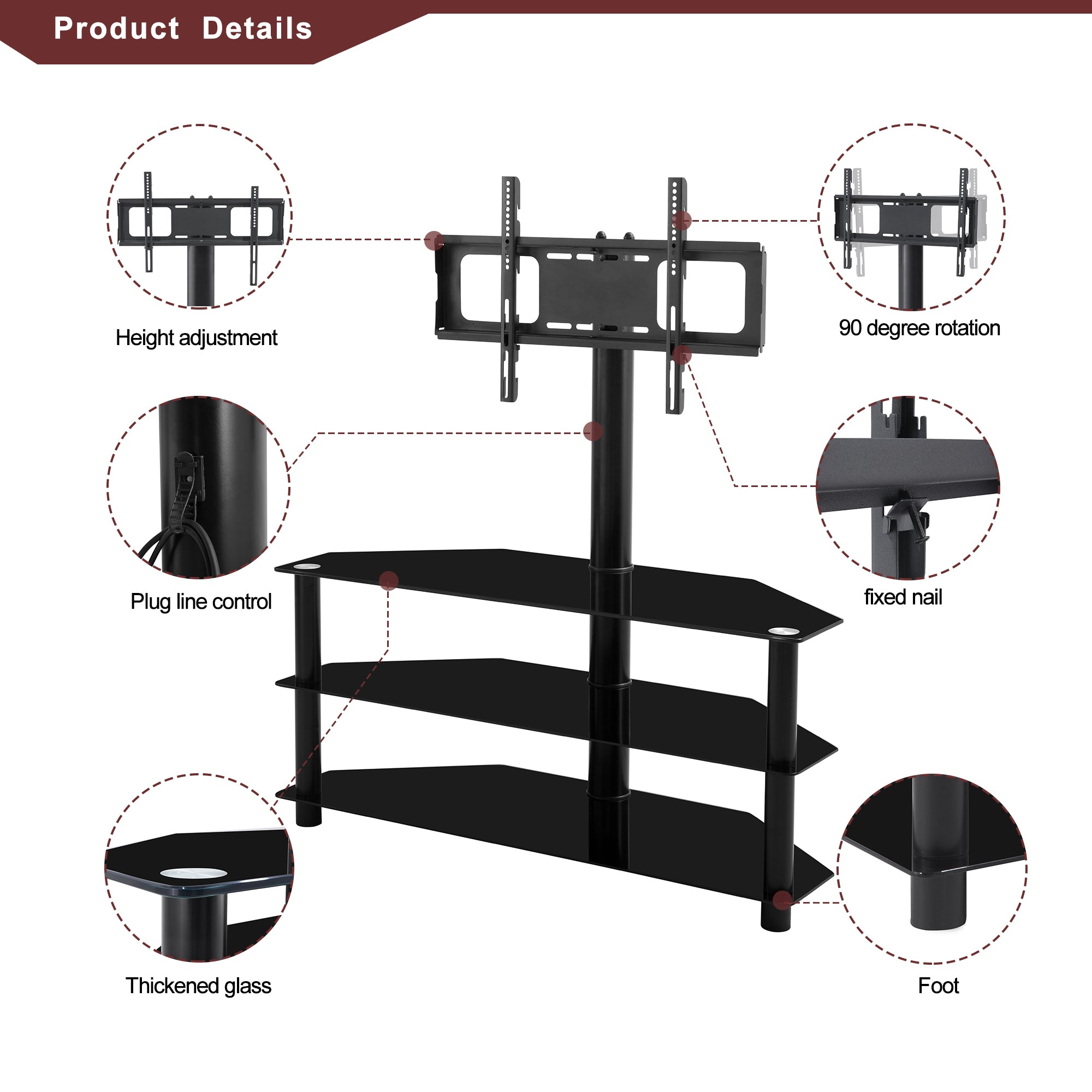 Black metal frame TV stand with tempered glass shelves close-up