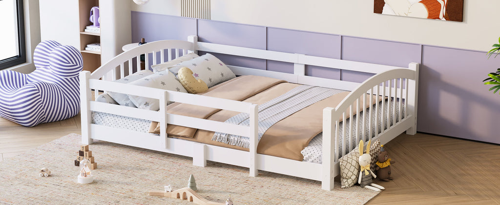 Full Montessori Floor Bed with Slats and Safety Guardrails, Solid Wood Floor Bed with Fence and Without Door, Easy Assemble Montessori Bed for Girls and Boys, Gray