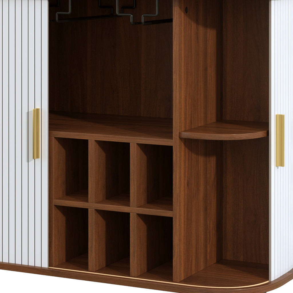 39' Fluted Liquor & Coffee Bar Cabinet with 6 Wine Racks and 3 Glass Holders, Mid-Century Modern Bar Cabinet with A Large Storage Drawer ,4 Hidden Storage Space on the Side , Black