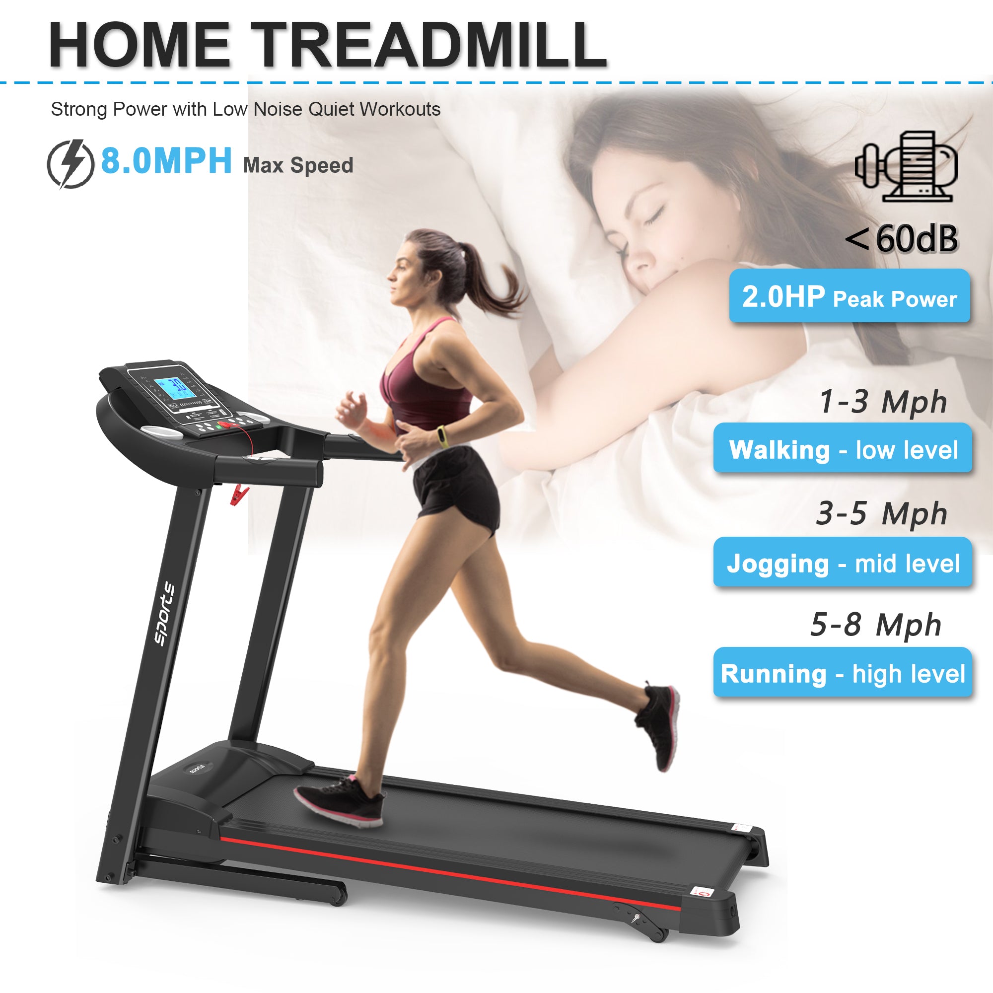 Electric walking running treadmill machine in home gym setting