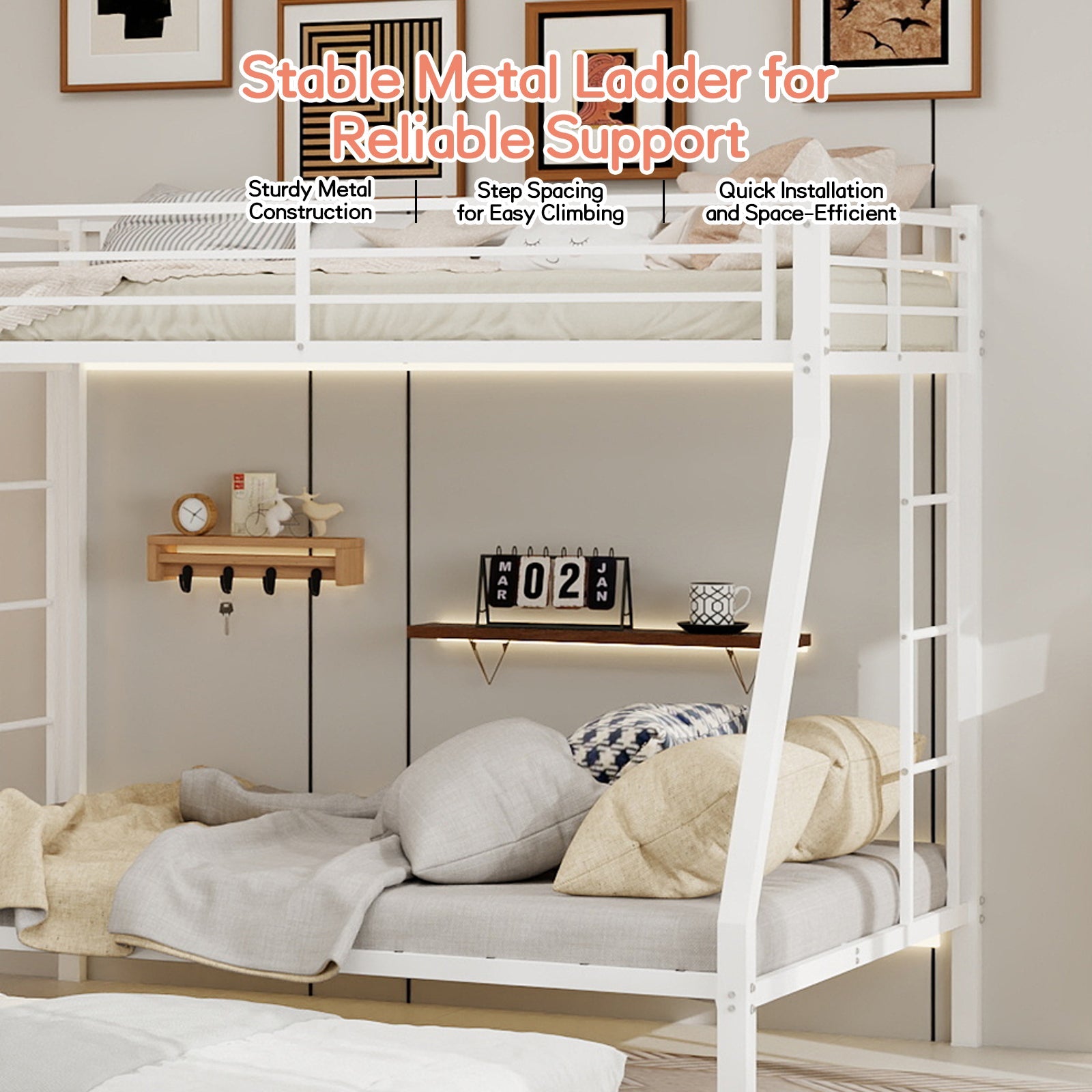 Modern Minimalist Square Tube Iron Bunk Bed with Ladder and Rolling Trundle, Full Size 137cm x 190cm, Black