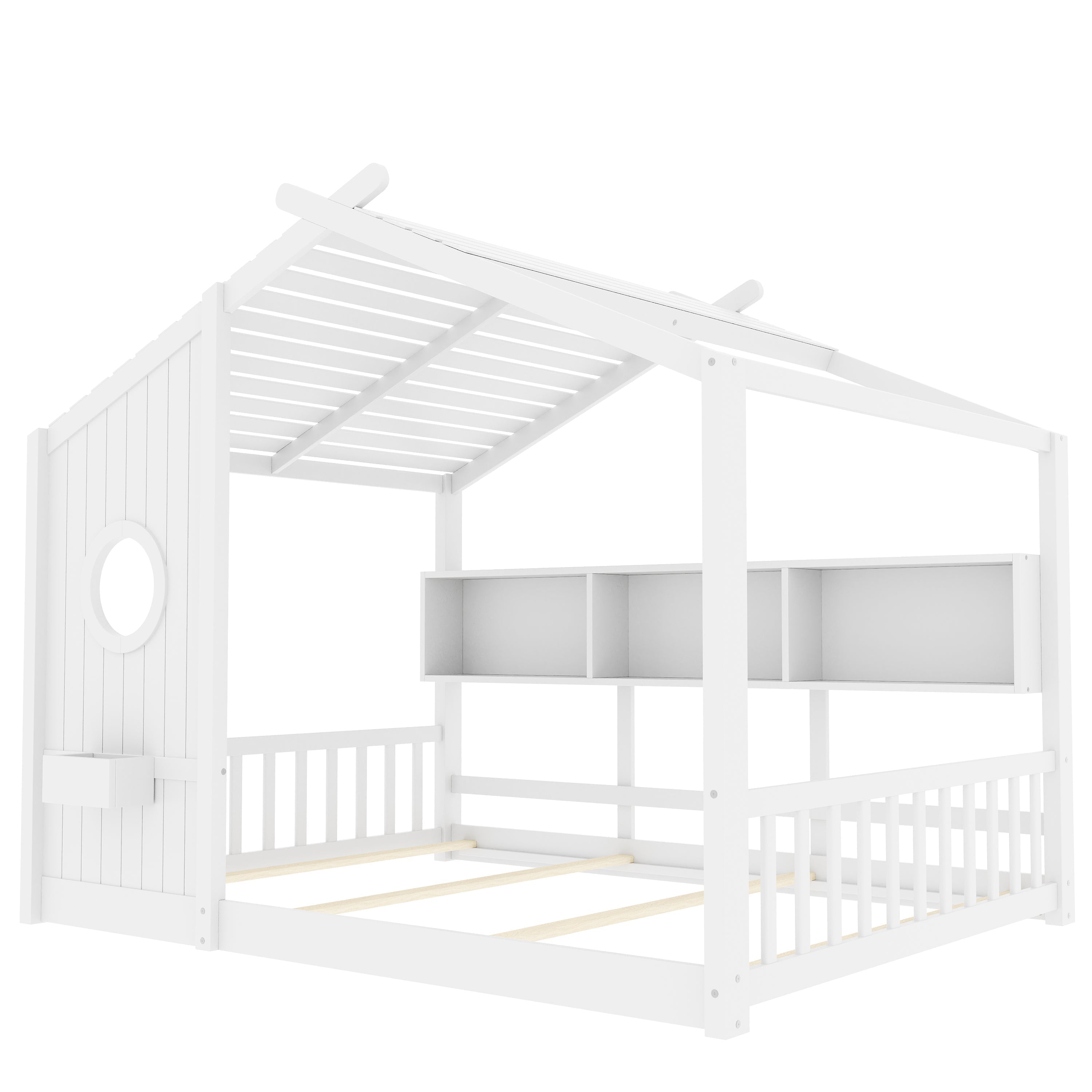 Full Size Floor House Bed for Toddler, Kids Montessori Bed with Storage Shelf, Playhouse Bed with Roof Design, Gray