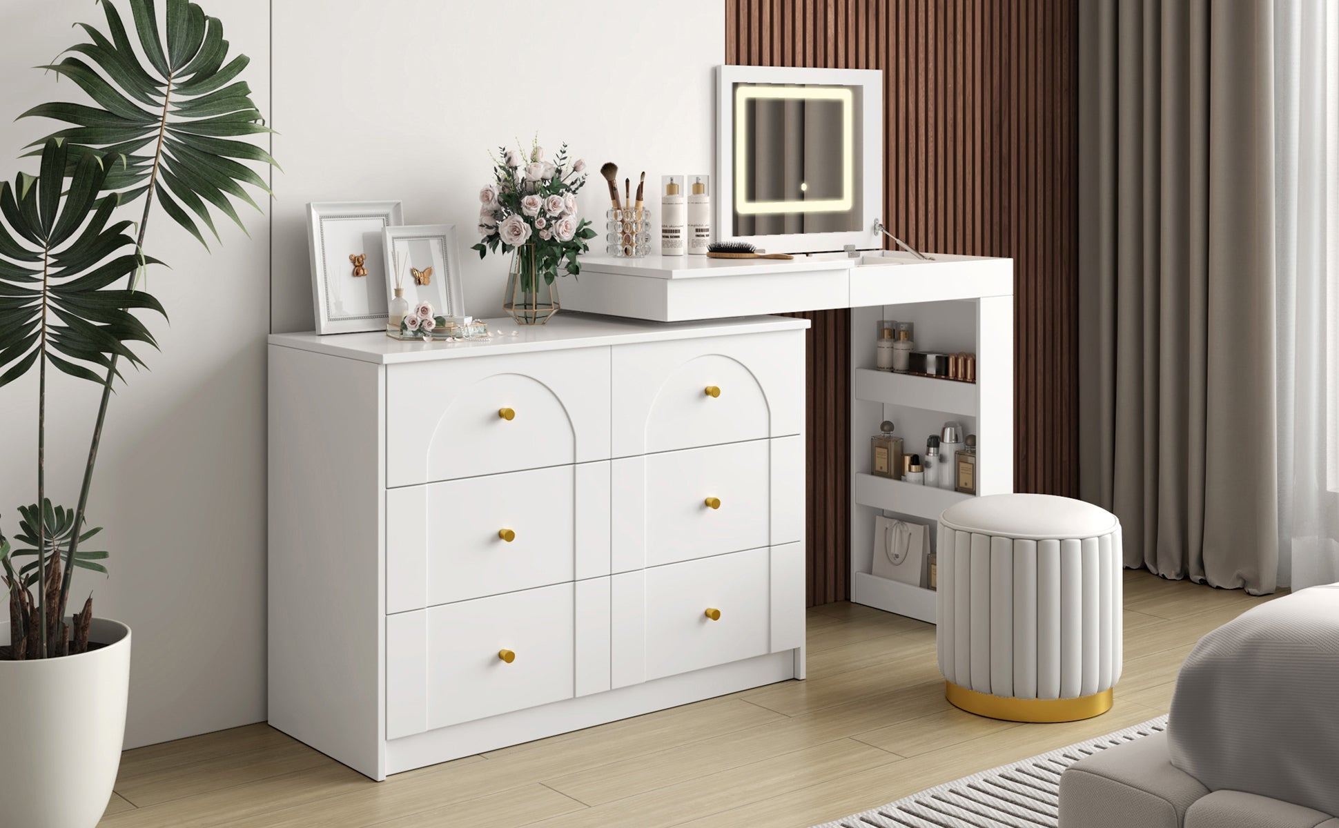 Vanity Desk with Mirror and Lights, Makeup Vanity Table with Flip-Top Tabletop and Storage 7 Drawers, 9 Compartments, 3 Shelves, 3 Color Modes Adjustable Makeup Table for Bedroom, Walnut (N733P279096)