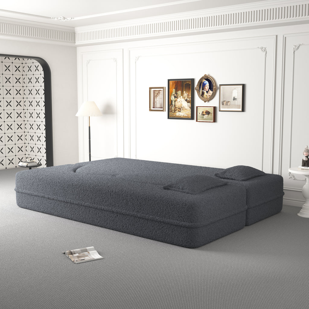Gray Sherpa fleece convertible sofa bed — side profile