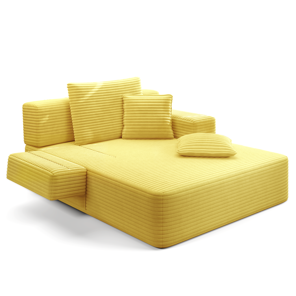 Oversized Plush Corduroy Chaise Lounge Sofa Bed,Convertible Sleeper Couch Bed w/ Storage Pockets,3 Soft Pillows,Multi-Functional Frameless Sofa Couch for Apartment,Home Theater,Guest Room,Beige&White