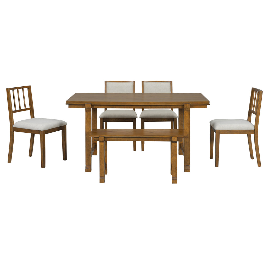 TREXM Farmhouse Dining Set for 6 with Solid Wood Legs, Walnut+Beige Finish, Ergonomic Dual-Style Chairs and Bench