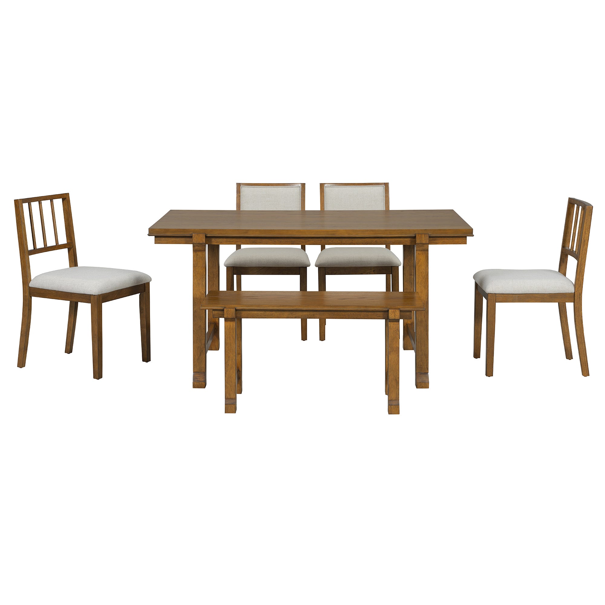 TREXM Farmhouse Dining Set for 6 with Solid Wood Legs, Walnut+Beige Finish, Ergonomic Dual-Style Chairs and Bench