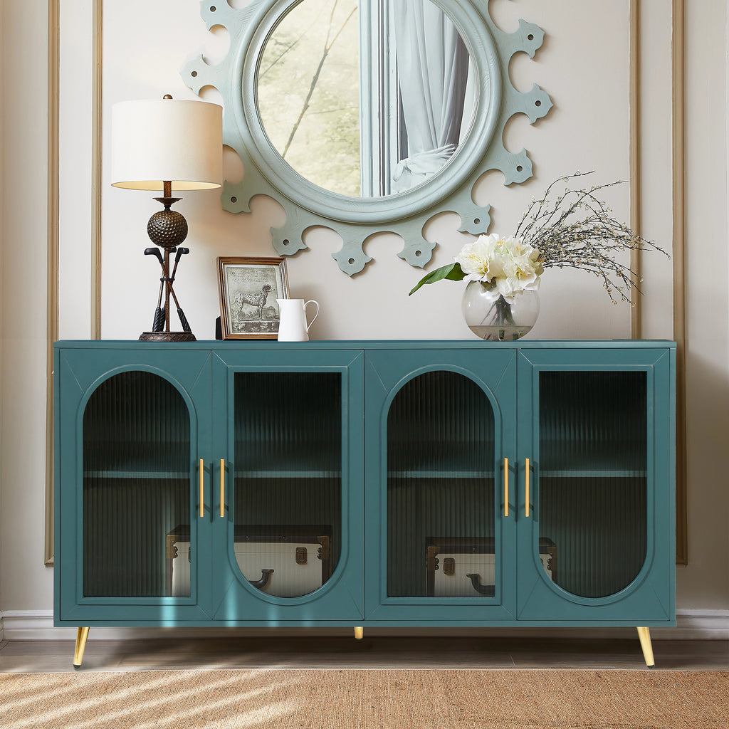 60 inch navy blue media console with glass door storage cabinet — full overview