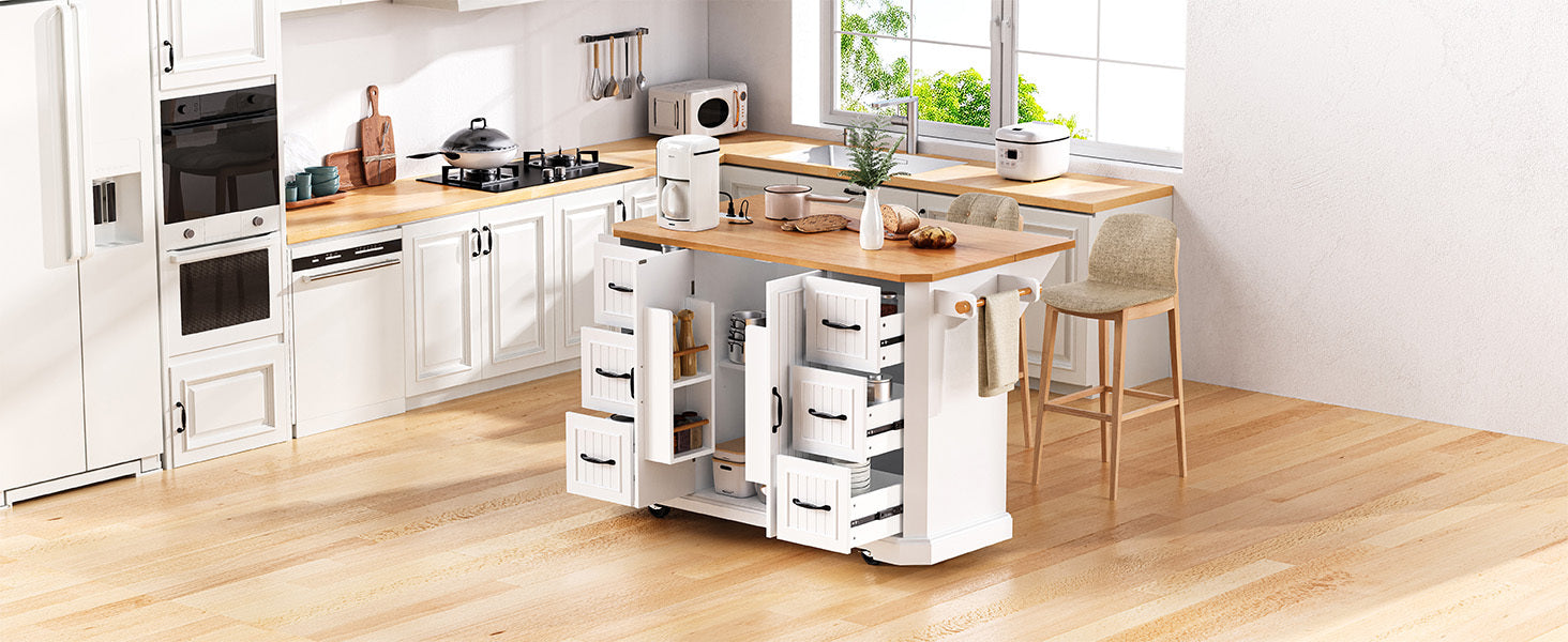 K&K 56 inch Kitchen Island with Rubber Wood Veneer Drop Leaf, Power Outlet, 4 Door Shelves, Embossed Vertical Stripe Rolling Kitchen Cart on 4 Wheels with 6 Deep Drawers for Kitchen, Dining Room,Black