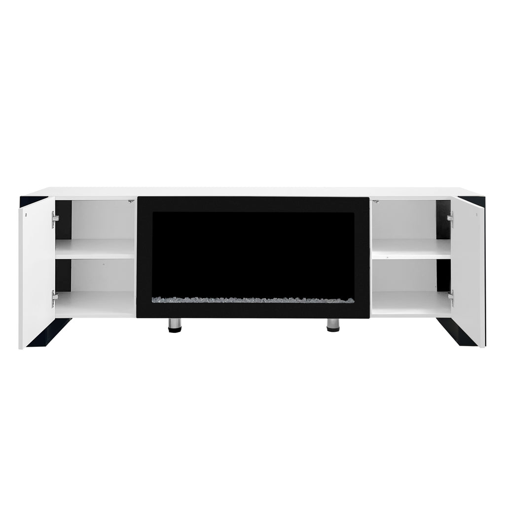White TV stand with decorative LED fireplace flame effect