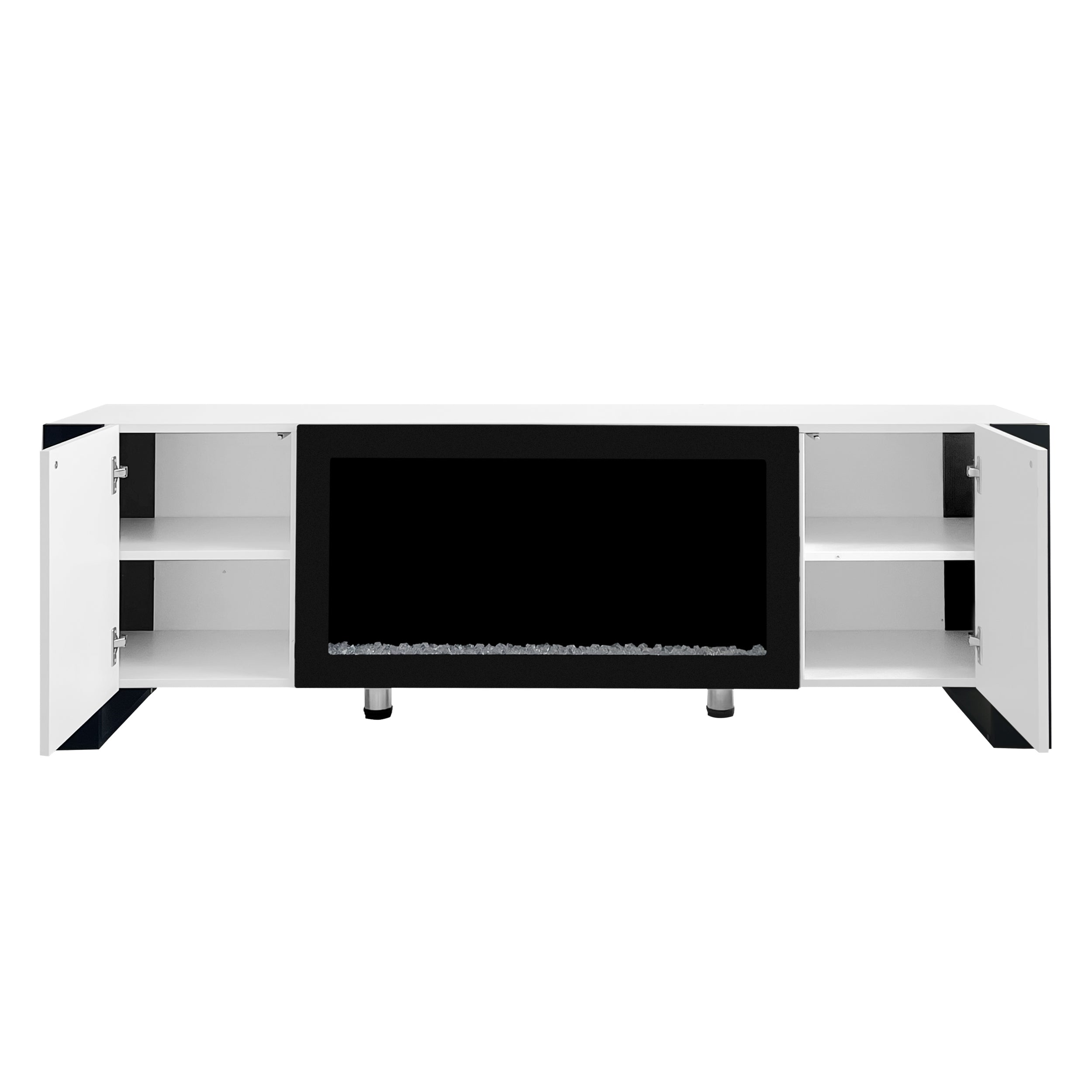 White TV stand with decorative LED fireplace flame effect