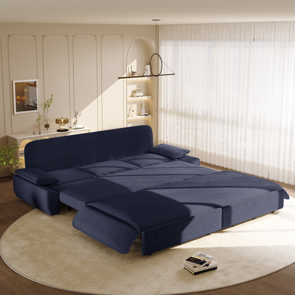 Blue corduroy sofa bed — angle view