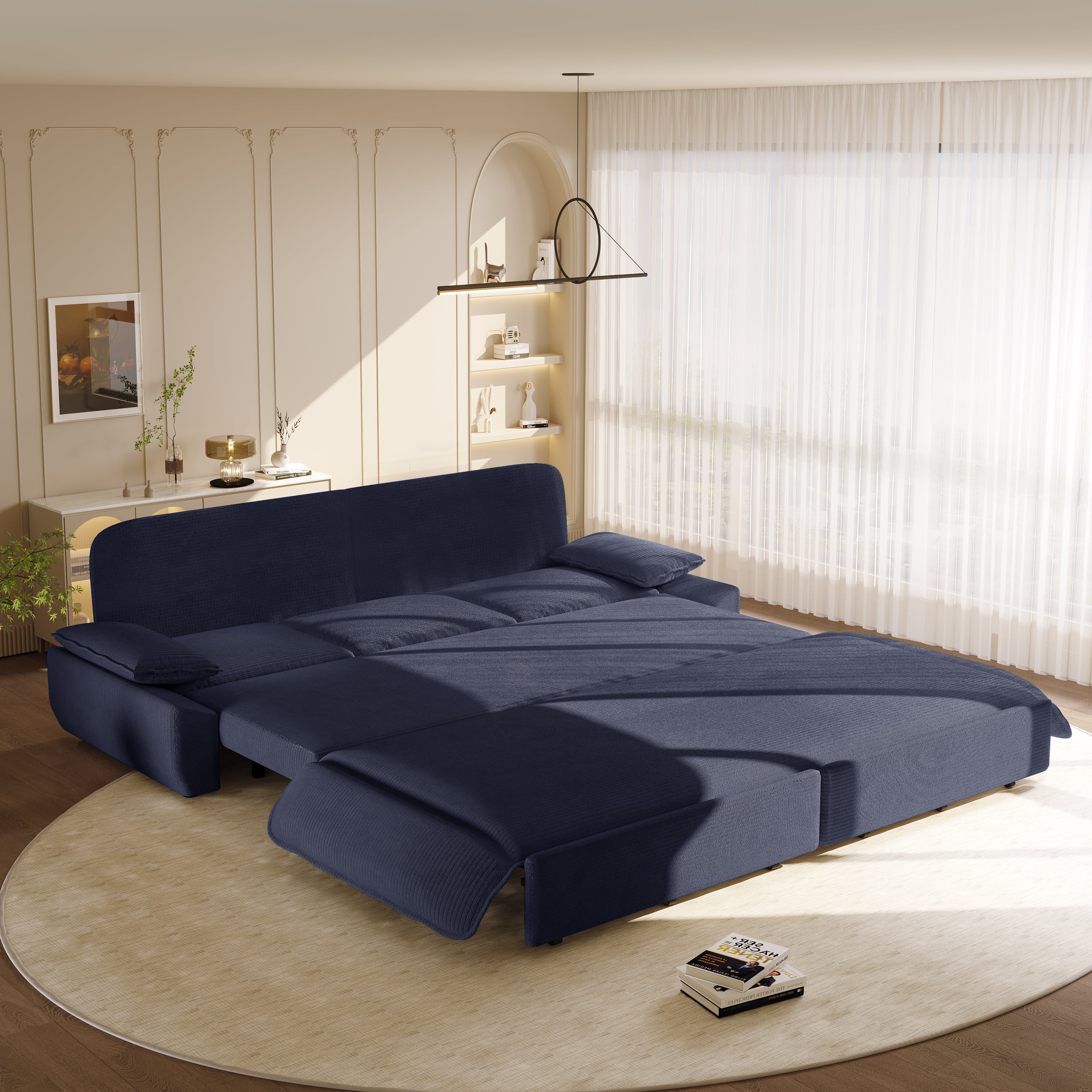 Blue corduroy sofa bed — angle view