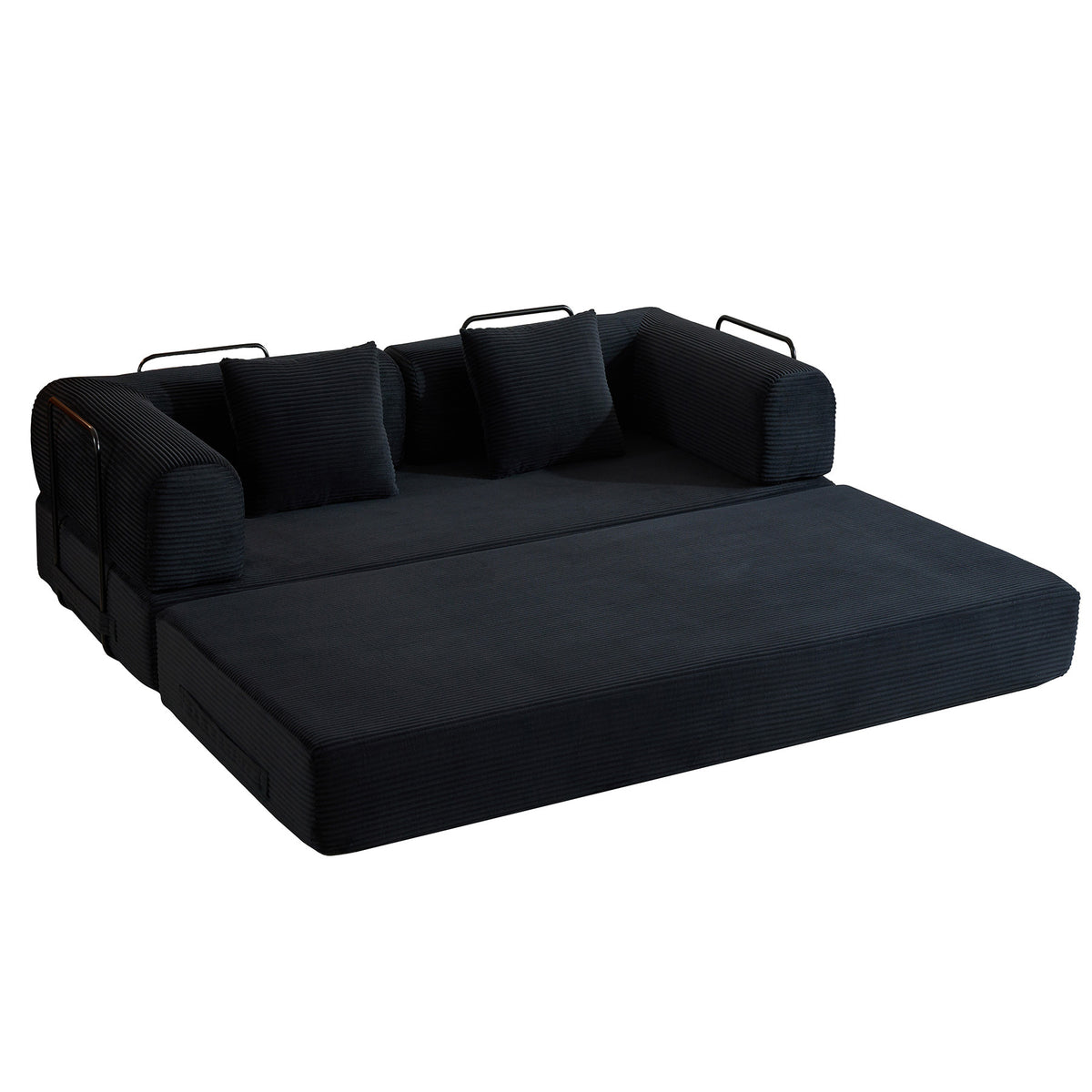 Convertible Sleeper Sofa Bed with Cylindrical Pillow, Corduroy Folding Mattress Couch with Fixed-Shape Frame, Floor Sofa Lounge Couch for Living Room Bedroom Black