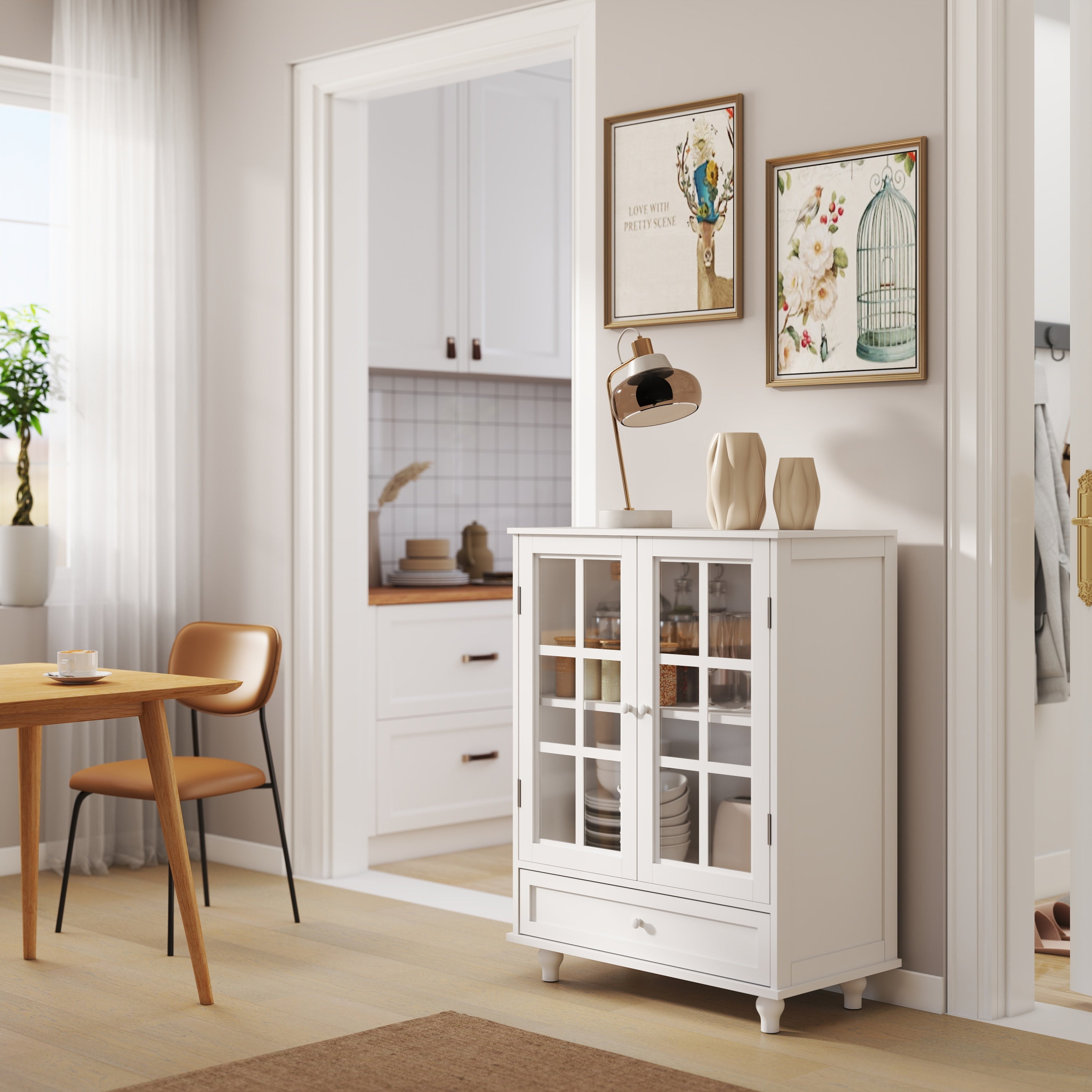 White buffet server cabinet entryway storage setting