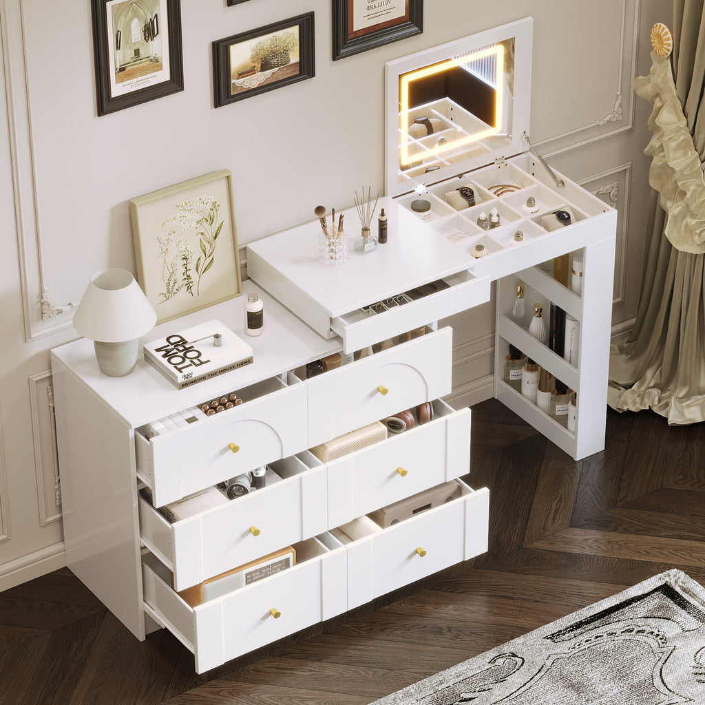 Vanity Desk with Mirror and Lights, Makeup Vanity Table with Flip-Top Tabletop and Storage 7 Drawers, 9 Compartments, 3 Shelves, 3 Color Modes Adjustable Makeup Table for Bedroom, Walnut (N733P279096)