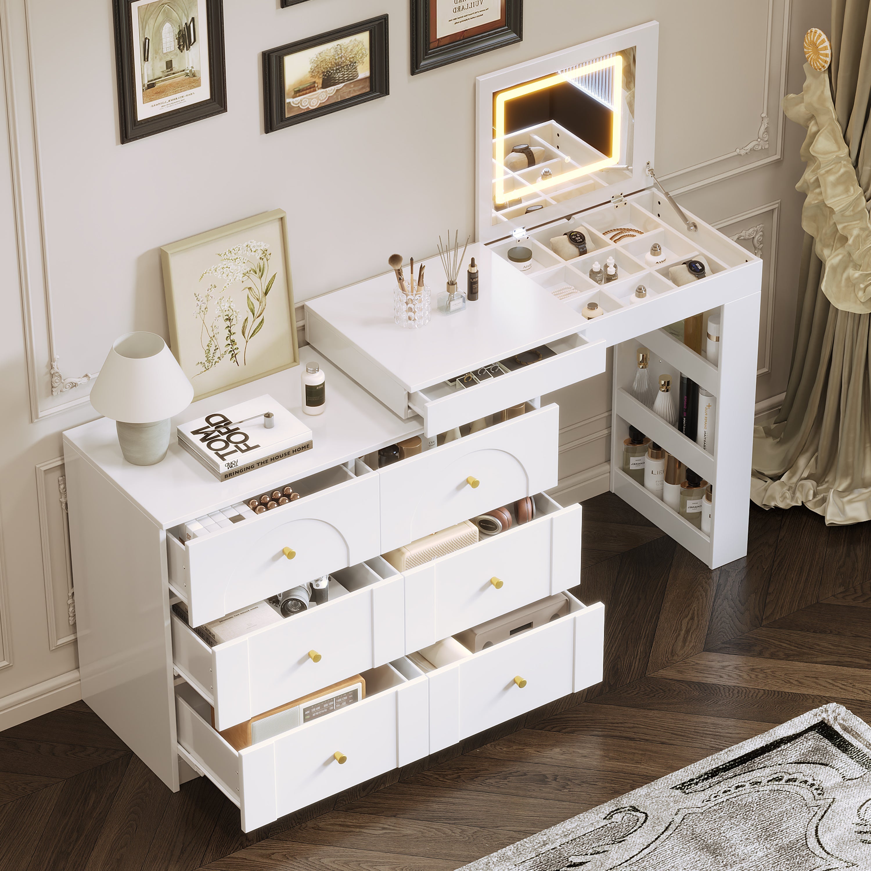 Vanity Desk with Mirror and Lights, Makeup Vanity Table with Flip-Top Tabletop and Storage 7 Drawers, 9 Compartments, 3 Shelves, 3 Color Modes Adjustable Makeup Table for Bedroom, Walnut (N733P279096)