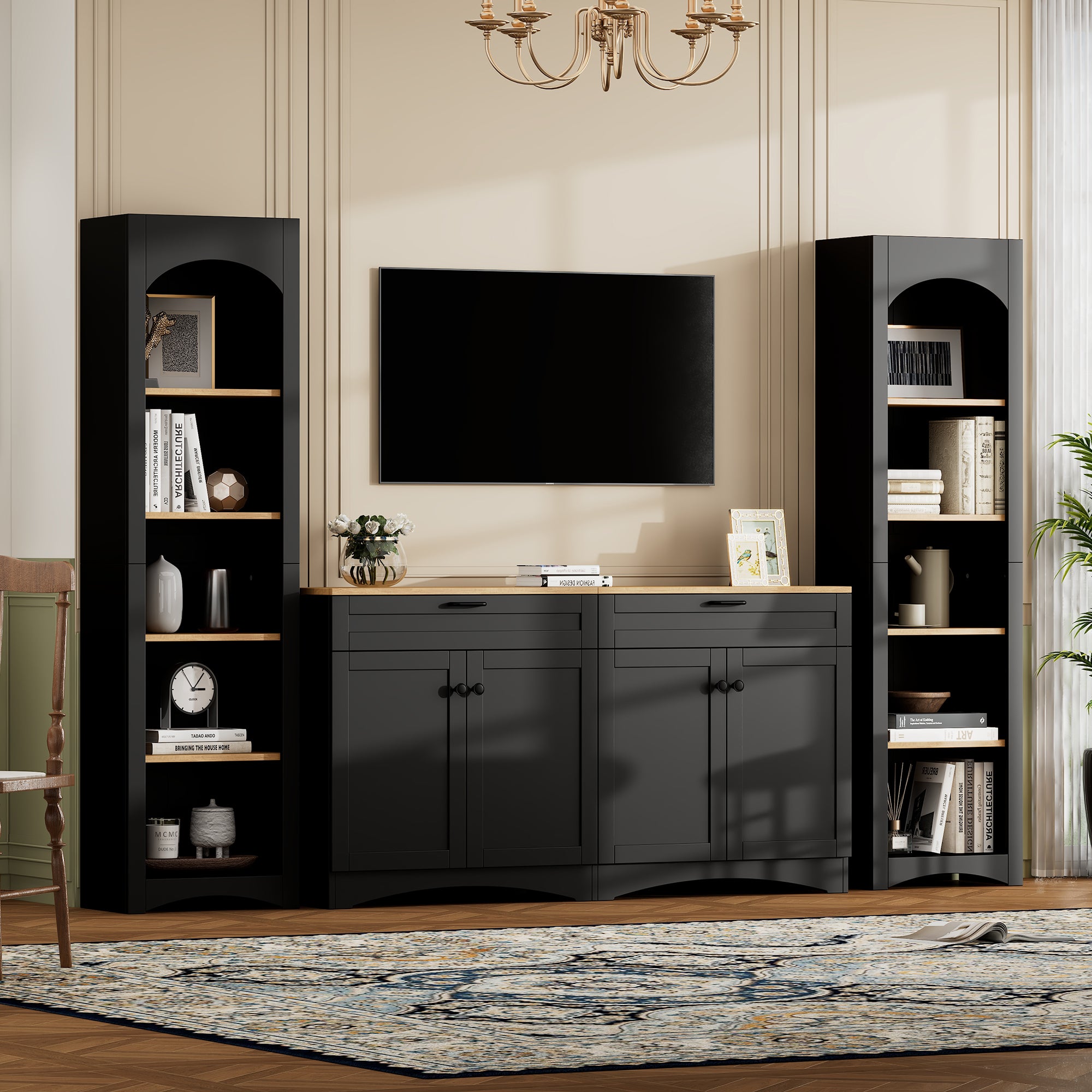 Black 3-piece farmhouse entertainment center — front view