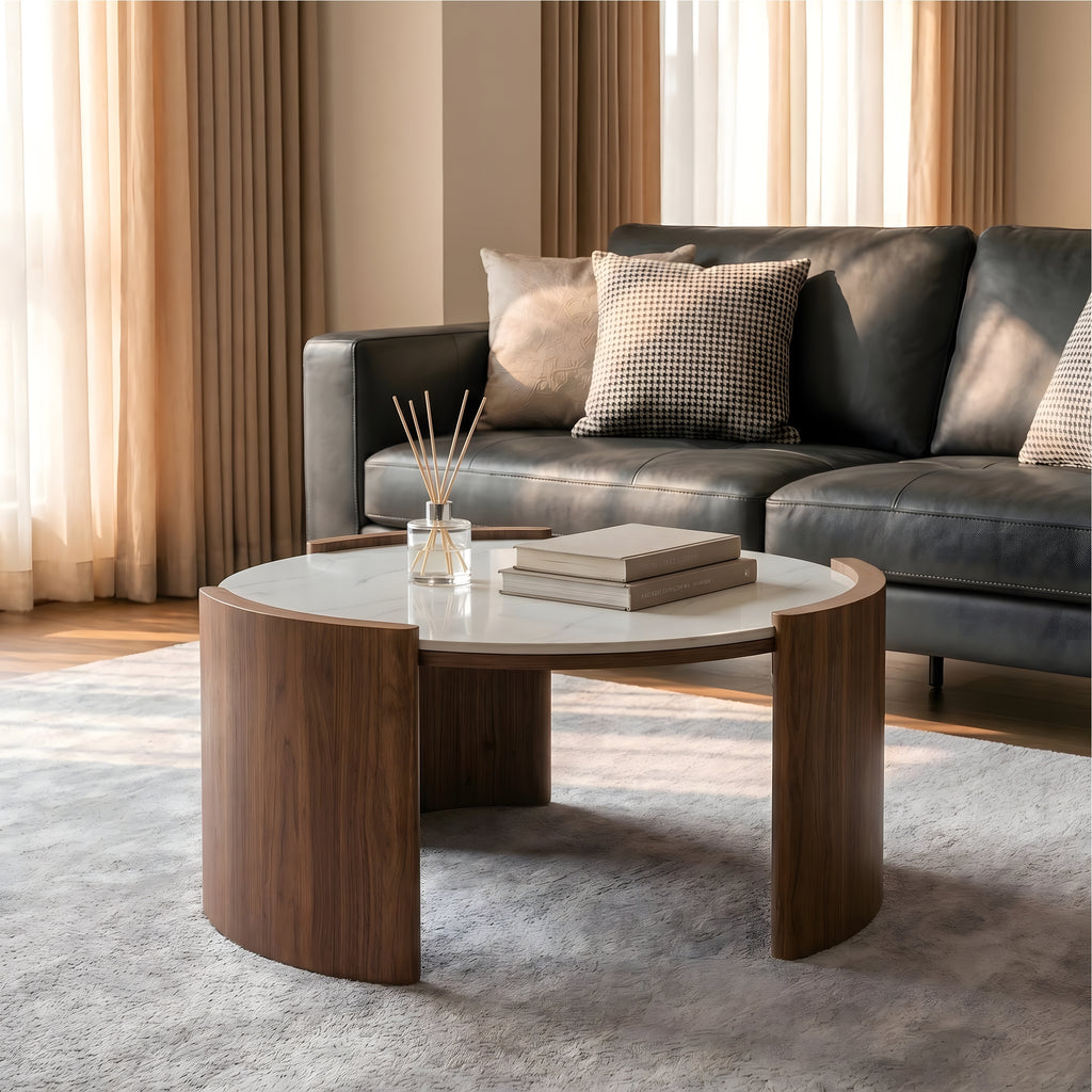 Modern Round Sintered Stone Coffee Table, 31.5-Inch Glossy White Marble Look Center Table with Thick Walnut Slab Legs, Elegant Circular Cocktail Table for Mid-Century Living Room