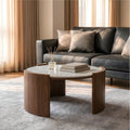 Modern Round Sintered Stone Coffee Table, 31.5-Inch Glossy White Marble Look Center Table with Thick Walnut Slab Legs, Elegant Circular Cocktail Table for Mid-Century Living Room