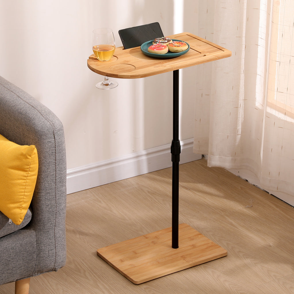 Natural bamboo C-shaped height-adjustable side table with tray — front view