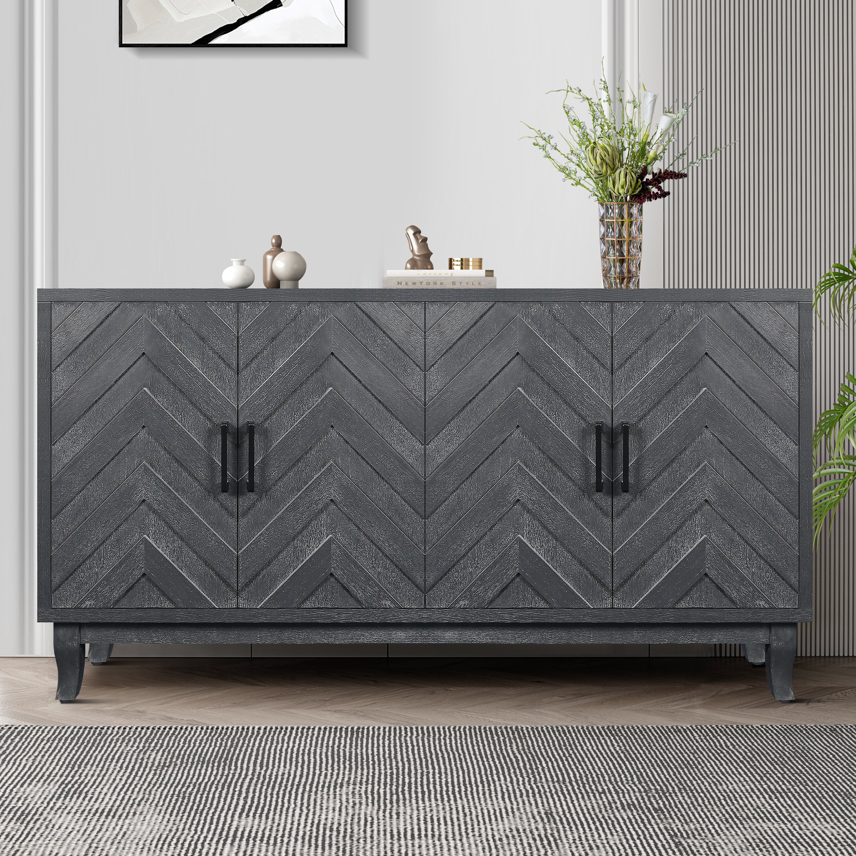 Taupe grey vintage buffet sideboard four doors — front view