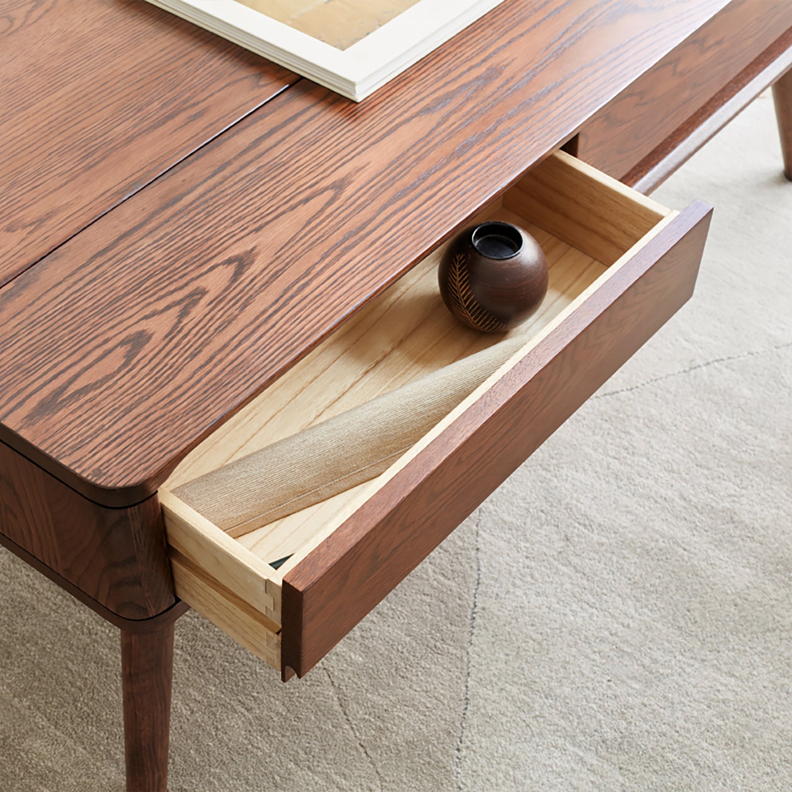 Solid oak wood top plate walnut finish close-up