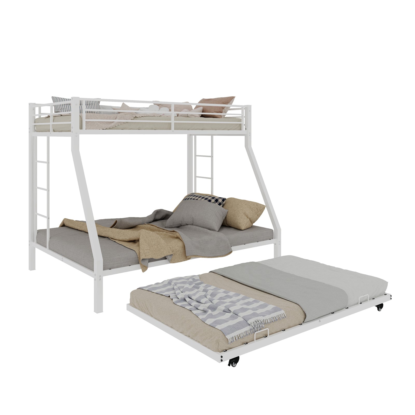 Modern Minimalist Square Tube Iron Bunk Bed with Ladder and Rolling Trundle, Full Size 137cm x 190cm, Black