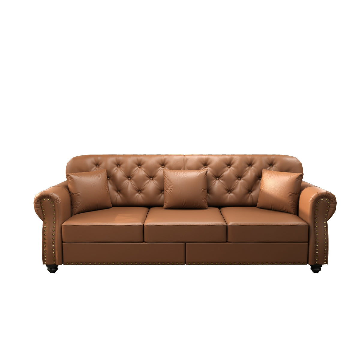 82.6'Upholstered Faux Leather Sofa with Nailhead Trim and Rolled Armrests,Mid-Century Modern Chesterfield Sofa with Button Tufted,Includes 3 Pillows,Black