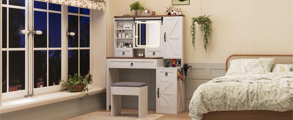 Farmhouse Vanity Desk with Sliding Mirror and Lights, Vanity Set with Glass Top and Charging Station ,Dressing Table with 4 Drawers and 2 Cabinets, Dressing Table with Stool for Bedroom, Gray