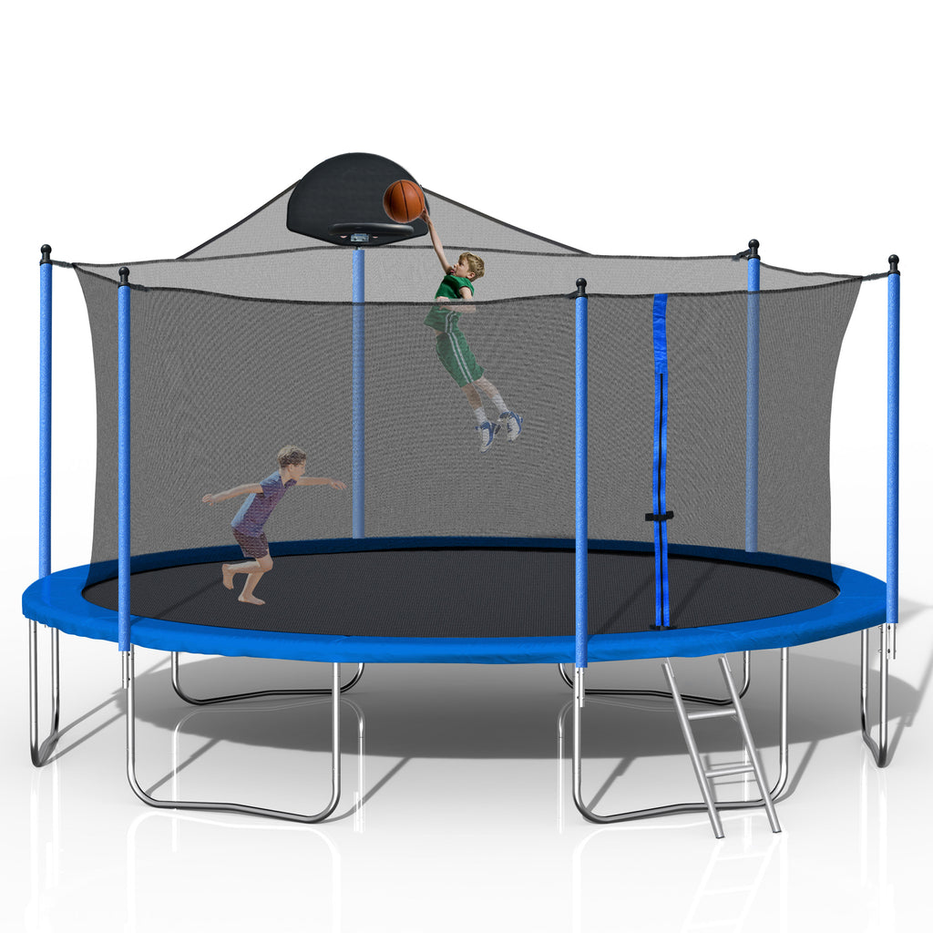 Outdoor recreational trampoline basketball hoop and ball play zone